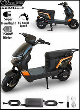 Electric scooter with black body, orange graphics, and included charging accessories