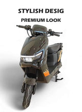 Electric scooter front view with clear headlight cover, tinted windshield, and orange accents