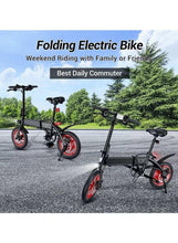 Folding electric scooter with black frame, red wheel rims, and front suspension
