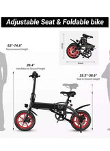 Folding electric scooter with adjustable seat, black frame, and red front wheel