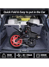 Folded electric scooter in car trunk, black frame with red wheel and seat