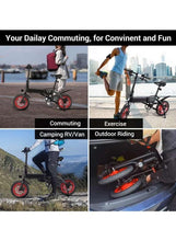 Electric folding scooter with red wheels shown for commuting and outdoor riding