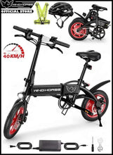 Folding electric scooter with black handlebars, red wheels, and included helmet accessory