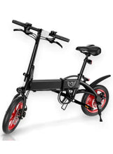 Folding electric scooter with black frame, red front wheel, and front disc brake