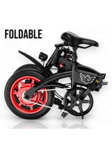 Folded electric scooter with black frame, red wheel rims, and hinged stem