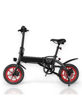 Black electric folding scooter with dual disc brakes and red wheel rims