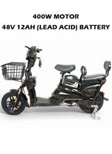 Electric delivery e-bike with front basket and dual seats, step-through frame