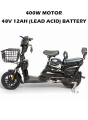 M1 Electric Delivery Bike 400W Motor, 48V 12Ah Battery, 55KM/H Max Speed, Dual Seat, 14 Inches Tires, Front Grocery Basket, Remote Lock Unlock System, Carbon Alloy Frame. 3-Speed Modes E-Bike