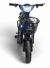 Electric delivery e-bike front view with front basket and bright headlight