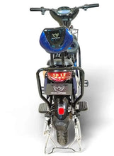 Blue electric delivery e-bike with rear light, dual kickstand, and front cargo basket