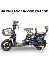 Blue and black electric delivery e-bike with front basket, dual seat, and rear rack
