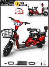Red electric delivery e-bike with front wire basket, headlight, and rear cargo rack