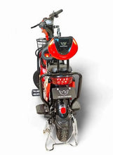 Red electric delivery e-bike with rear tail light, front basket, and footrest