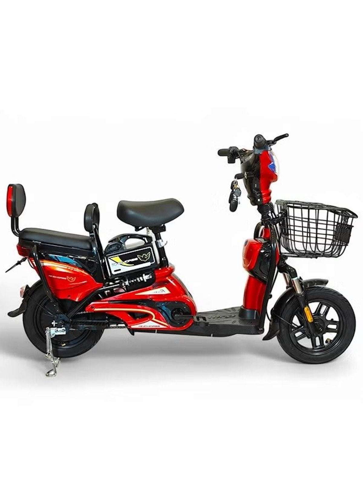 M1 Electric Delivery Bike 400W Motor, 48V 12Ah Battery, 55KM/H Max Speed, Dual Seat, 14 Inches Tires, Front Grocery Basket, Remote Lock Unlock System, Carbon Alloy Frame. 3-Speed Modes E-Bike