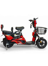Red electric delivery e-bike with dual seat, front basket, and rear wheel fender