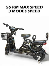 Electric delivery e-bike with front basket, illuminated headlight, and dual seat