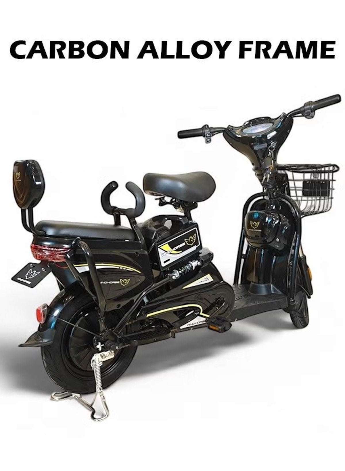 M1 Electric Delivery Bike 400W Motor, 48V 12Ah Battery, 55KM/H Max Speed, Dual Seat, 14 Inches Tires, Front Grocery Basket, Remote Lock Unlock System, Carbon Alloy Frame. 3-Speed Modes E-Bike
