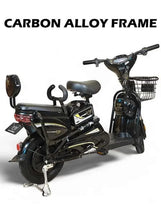 Electric delivery e-bike with front basket, dual seat, and rear support handles