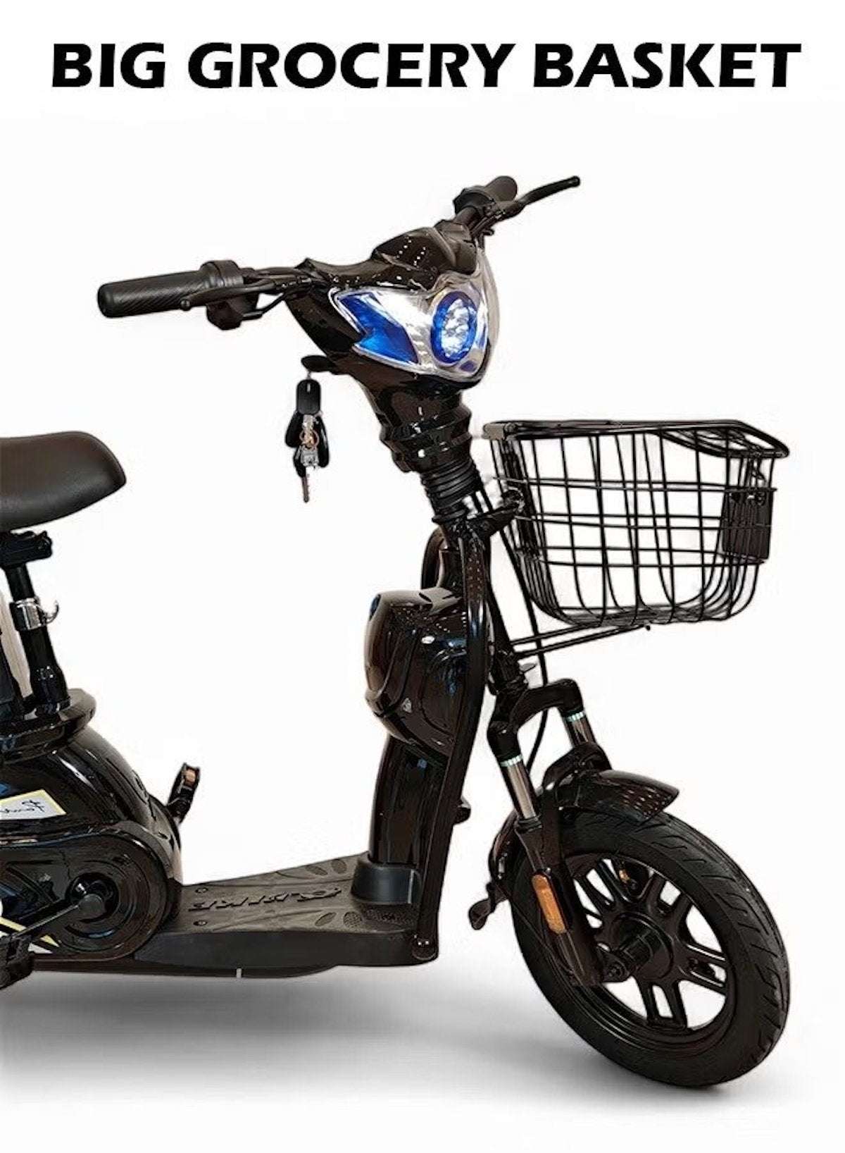 M1 Electric Delivery Bike 400W Motor, 48V 12Ah Battery, 55KM/H Max Speed, Dual Seat, 14 Inches Tires, Front Grocery Basket, Remote Lock Unlock System, Carbon Alloy Frame. 3-Speed Modes E-Bike