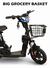 Electric delivery e-bike with large front grocery basket and headlight