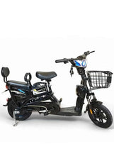 Electric delivery e-bike with front grocery basket, dual seat, and dark frame