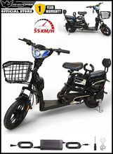 Black electric delivery e-bike with front basket, round headlight, and dual seat
