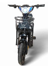 Electric delivery e-bike front view with headlight and metal front basket