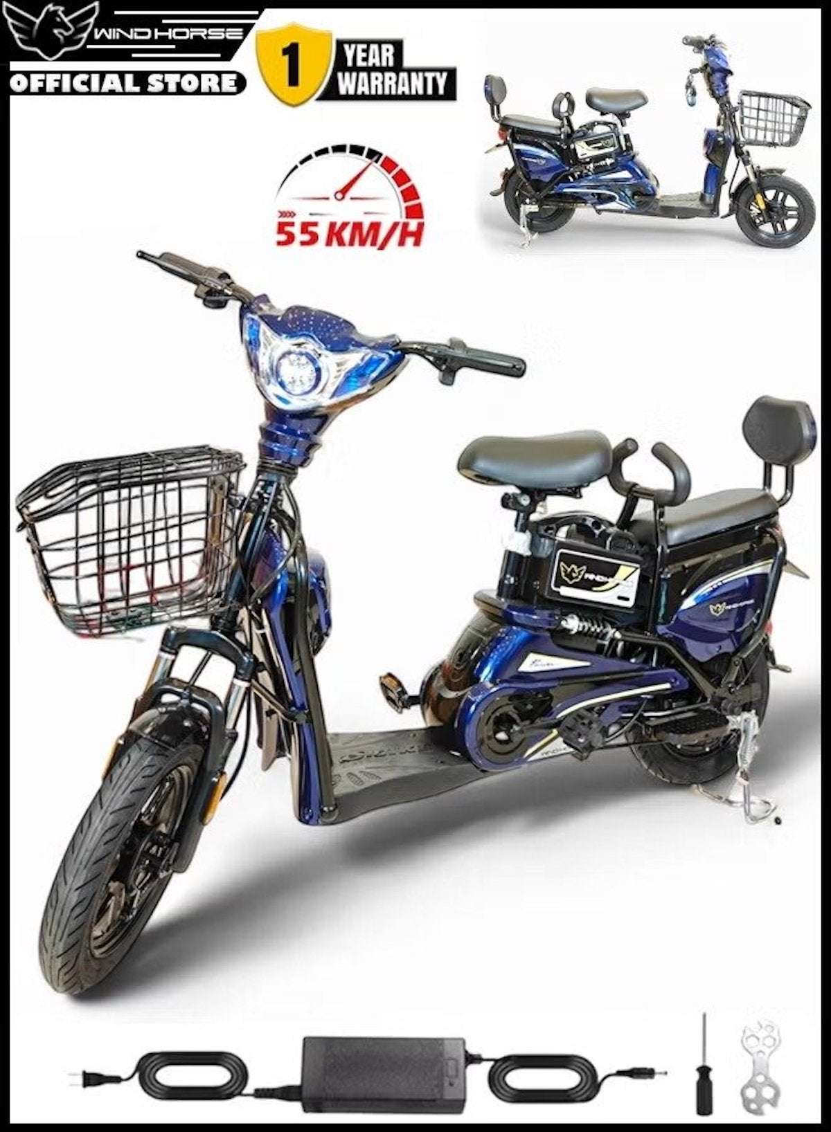 M1 Electric Delivery Bike 400W Motor, 48V 12Ah Battery, 55KM/H Max Speed, Dual Seat, 14 Inches Tires, Front Grocery Basket, Remote Lock Unlock System, Carbon Alloy Frame. 3-Speed Modes E-Bike