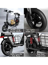 Electric scooter with large front wire storage basket and dual rear suspension.