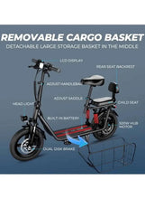 Electric scooter with removable cargo basket, headlight, and child seat setup.