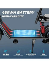Electric scooter frame with illuminated battery strip and dual rear suspension springs.