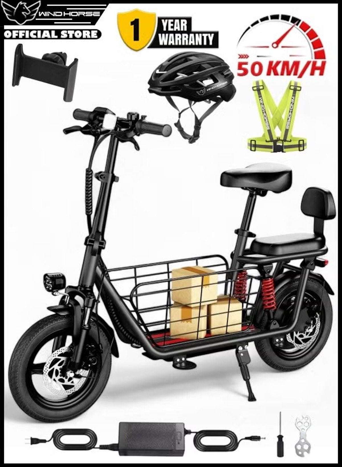 Electric Scooter 850W Motor with Dual Seat, 48V10Ah Battery, 50KM/H Speed, 40KM Range, Dual Suspension and Storage Basket, E-Scooter