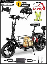 Electric scooter set in box with dual seats and front wire cargo basket.
