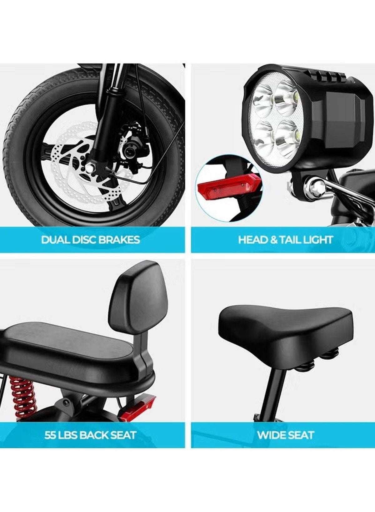 Electric Scooter 850W Motor with Dual Seat, 48V10Ah Battery, 50KM/H Speed, 40KM Range, Dual Suspension and Storage Basket, E-Scooter