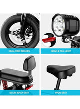 Electric scooter features: dual disk brakes, head and tail light, wide seat.