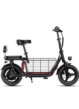 Black electric scooter with dual seats and front wire cargo basket.