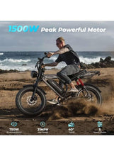 Electric fat-tire bike with rider outdoors, front fork suspension and rear red shock