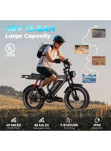 Black electric fat-tire bike with rider outdoors and rear suspension shock