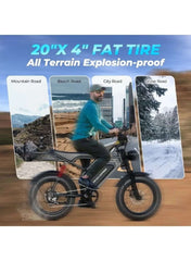 V8 PRO Electric Bike – 750W Gear Hub Motor, 48V 16.6AH Battery, 50KM/H Speed, 45KM Range, 20-Inch Fat Tires, Dual Suspension, Shimano 7-Speed, Carbon Alloy Frame, Dual Disc Brakes