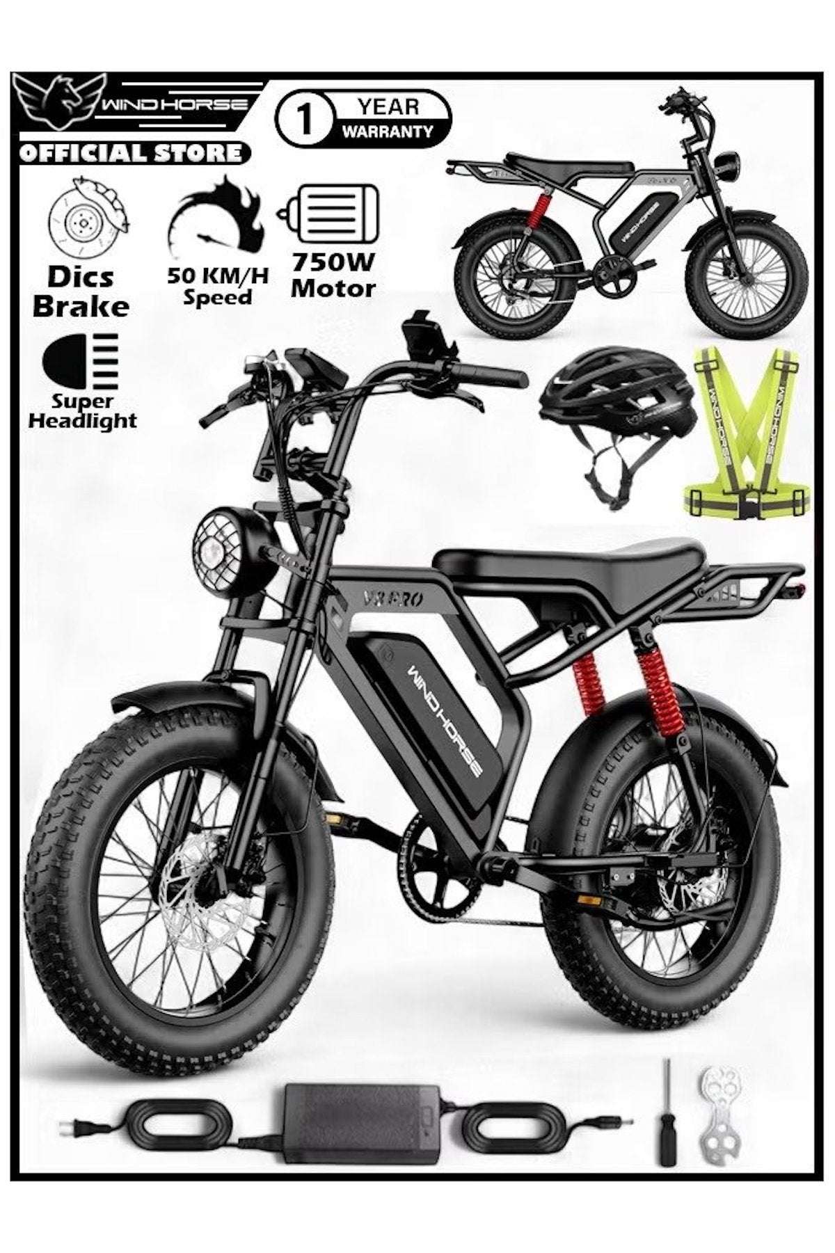 V8 PRO Electric Bike – 750W Gear Hub Motor, 48V 16.6AH Battery, 50KM/H Speed, 45KM Range, 20-Inch Fat Tires, Dual Suspension, Shimano 7-Speed, Carbon Alloy Frame, Dual Disc Brakes