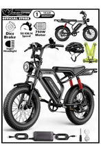 Electric bike kit box showing bike frame, battery, accessories, and warranty icons