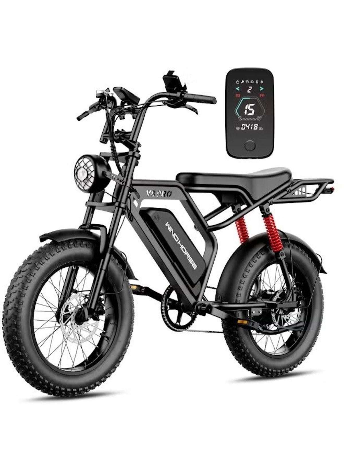 V8 PRO Electric Bike – 750W Gear Hub Motor, 48V 16.6AH Battery, 50KM/H Speed, 45KM Range, 20-Inch Fat Tires, Dual Suspension, Shimano 7-Speed, Carbon Alloy Frame, Dual Disc Brakes
