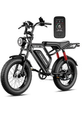 Studio view of black electric fat-tire bike with handlebar display and front headlight
