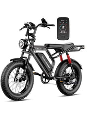 V8 PRO Electric Bike – 750W Gear Hub Motor, 48V 16.6AH Battery, 50KM/H Speed, 45KM Range, 20-Inch Fat Tires, Dual Suspension, Shimano 7-Speed, Carbon Alloy Frame, Dual Disc Brakes