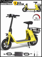 Premium Foldable Electric Scooter with Seat and Rear Basket, 450W Motor, 36V 8AH Battery, 25-35 KM/h Speed, Carbon Alloy Frame, 12.5 Inches Tires, Disk Brakes, Unisex Comfortable E-Scooter for Adults
