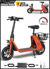 Premium Foldable Electric Scooter with Seat and Rear Basket, 450W Motor, 36V 8AH Battery, 25-35 KM/h Speed, Carbon Alloy Frame, 12.5 Inches Tires, Disk Brakes, Unisex Comfortable E-Scooter for Adults