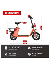 Premium Foldable Electric Scooter with Seat and Rear Basket, 450W Motor, 36V 8AH Battery, 25-35 KM/h Speed, Carbon Alloy Frame, 12.5 Inches Tires, Disk Brakes, Unisex Comfortable E-Scooter for Adults