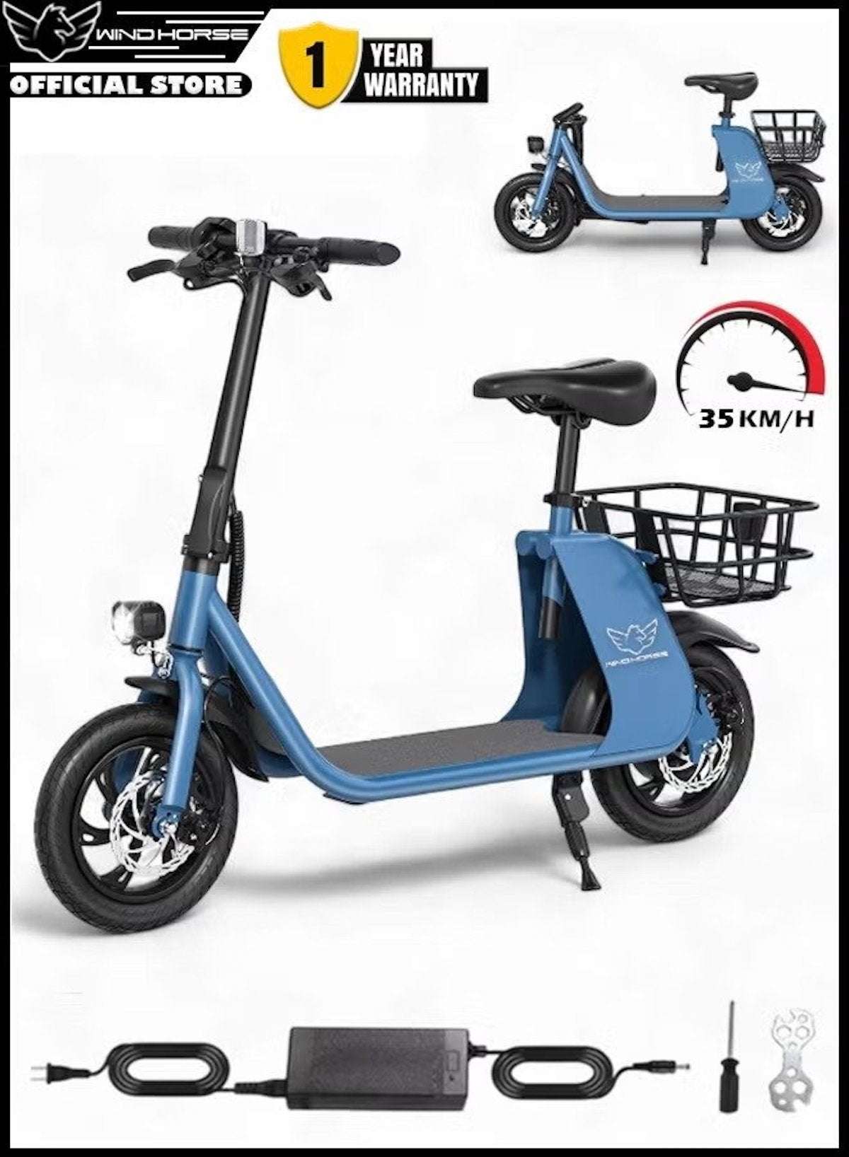 Premium Foldable Electric Scooter with Seat and Rear Basket, 450W Motor, 36V 8AH Battery, 25-35 KM/h Speed, Carbon Alloy Frame, 12.5 Inches Tires, Disk Brakes, Unisex Comfortable E-Scooter for Adults