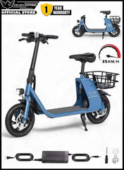 Premium Foldable Electric Scooter with Seat and Rear Basket, 450W Motor, 36V 8AH Battery, 25-35 KM/h Speed, Carbon Alloy Frame, 12.5 Inches Tires, Disk Brakes, Unisex Comfortable E-Scooter for Adults