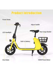 Premium Foldable Electric Scooter with Seat and Rear Basket, 450W Motor, 36V 8AH Battery, 25-35 KM/h Speed, Carbon Alloy Frame, 12.5 Inches Tires, Disk Brakes, Unisex Comfortable E-Scooter for Adults